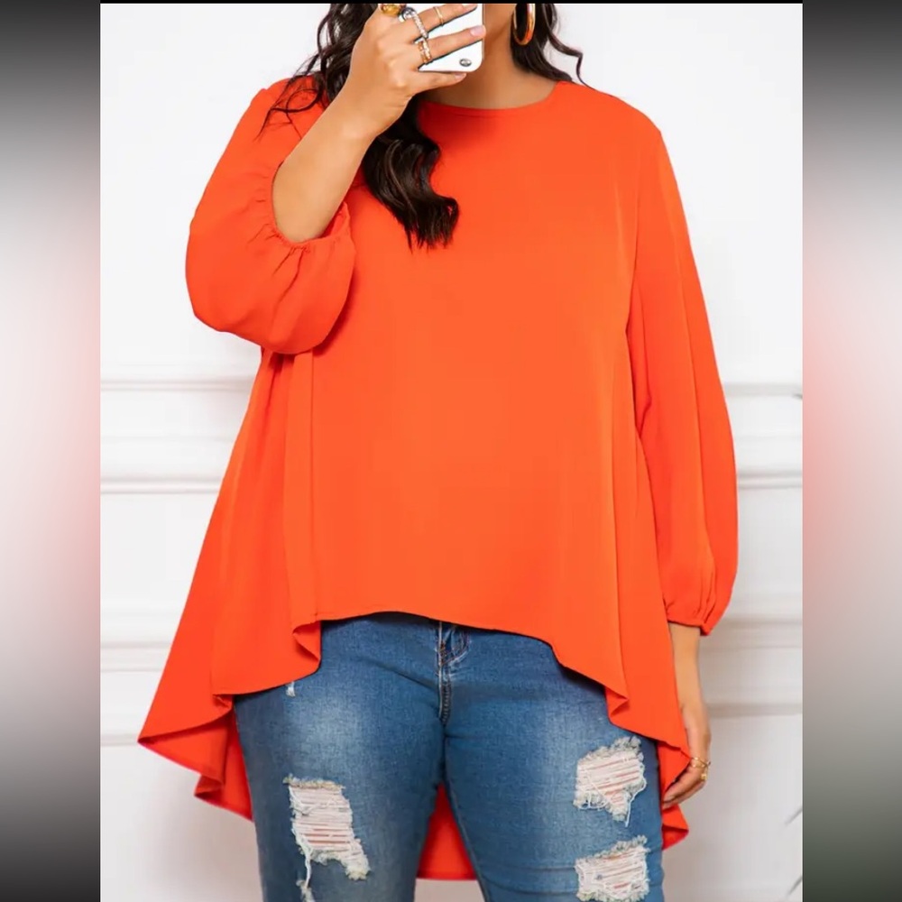 Women's Orange-Red Hi-Low Tunic Top W/ 3/4 Elastic Cuff Sleeves. Size 1X